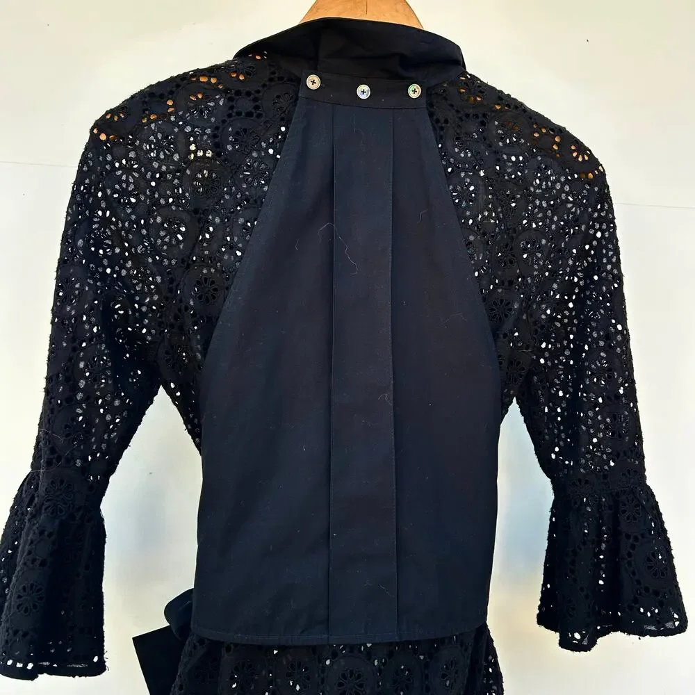 New Derek Lam 10 Crosby Black Eyelet Lace Belted Mini Dress Small 2 Chic